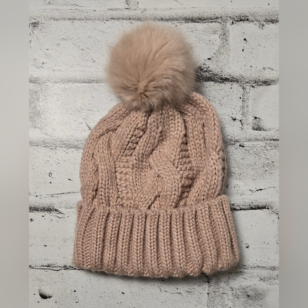 H&M Pink Cable Knit Beanie Faux Fur Pom Pom Winter Hat O/S